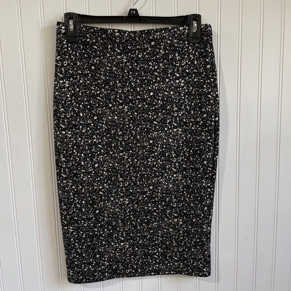 Soprano Skirt Womens Medium Black Metallic Gold Pencil Elastic Waist Knee Length